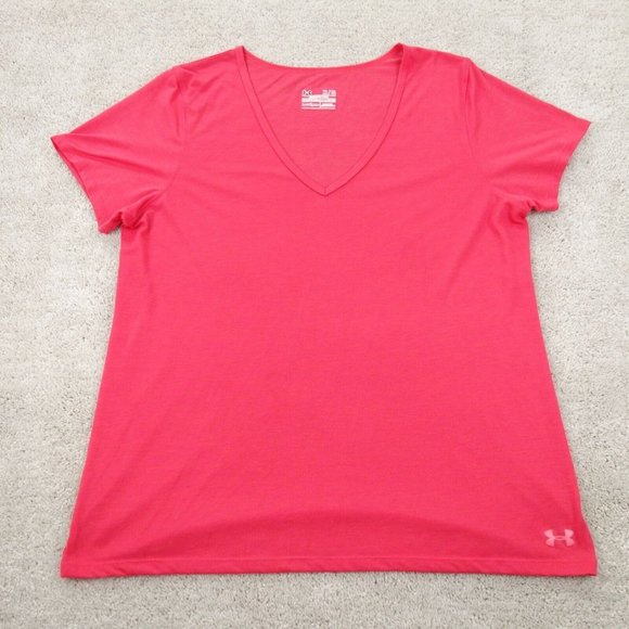 Under Armour Shirt Womens Extra Large Pink Short Sleeve V-Neck Heatgear Stretch - Picture 1 of 8
